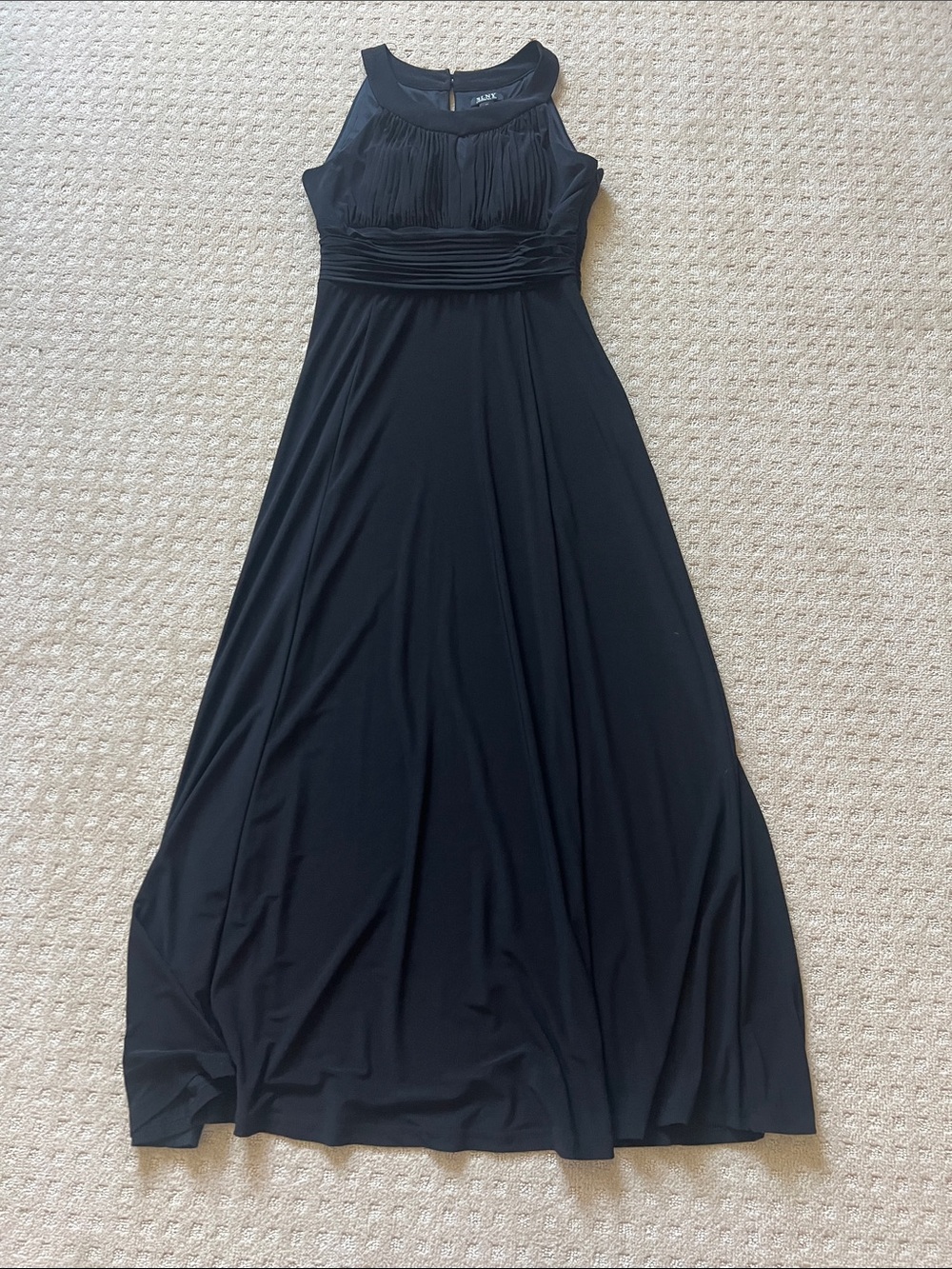 SLNY Black Sleeveless Maxi Dress with Pleated Bodice